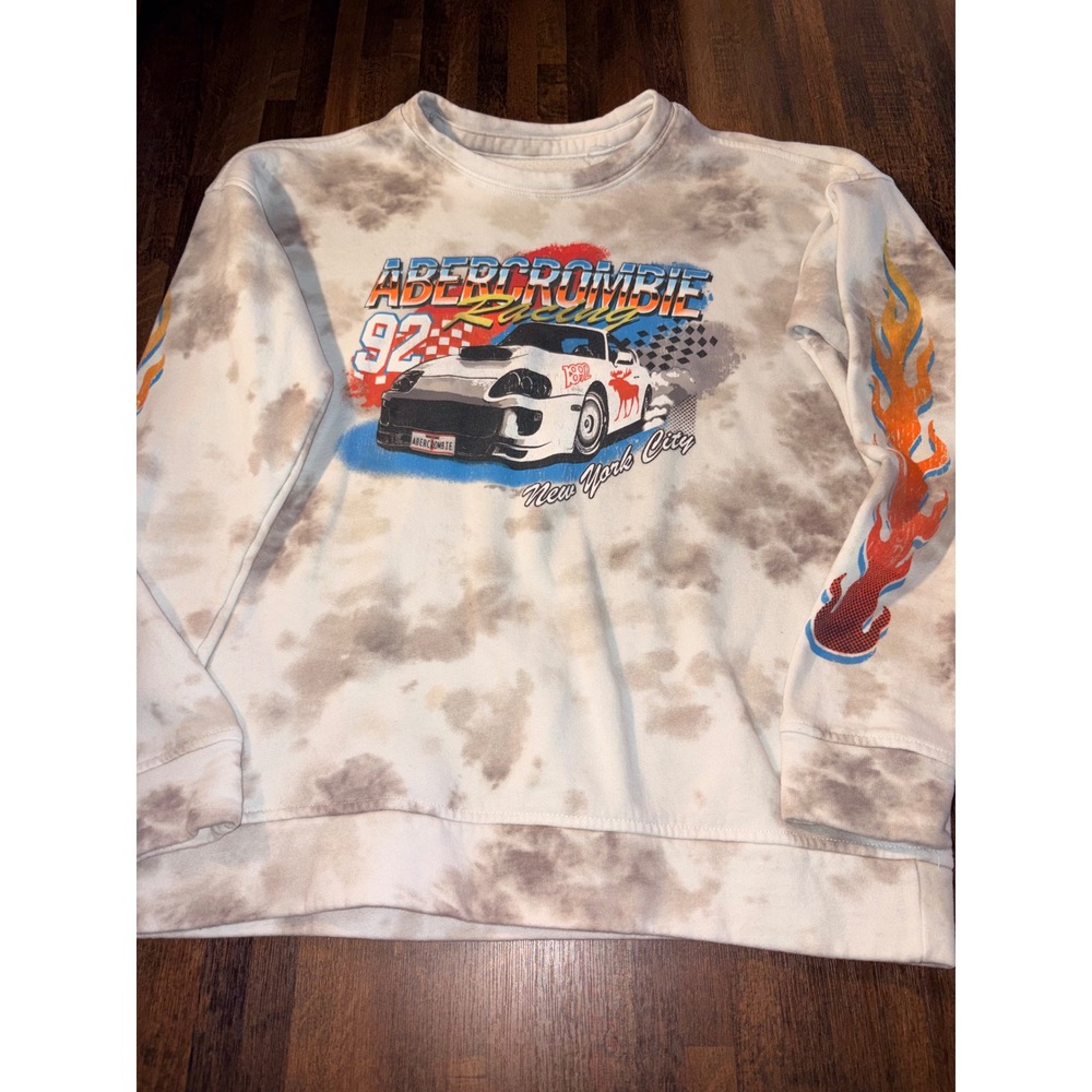 Abercrombie‎ Kids Racing 92 Tie Dye Sweatshirt Grey White Flames Size 15/16